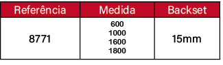 Refer ncia,Medida,Backset, 8771,600 1000 1600 1800, 15mm