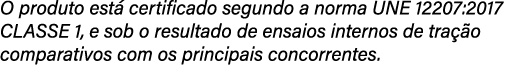 O produto est certi cado segundo a norma UNE 12207:2017 CLASSE 1, e sob o resultado de ensaios internos de tra  o co...