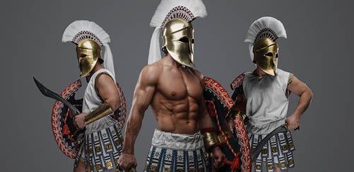 Shot of three soldiers from antique greece against grey background.