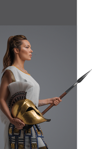 Portrait of isolated on grey background female greek warrior with spear.