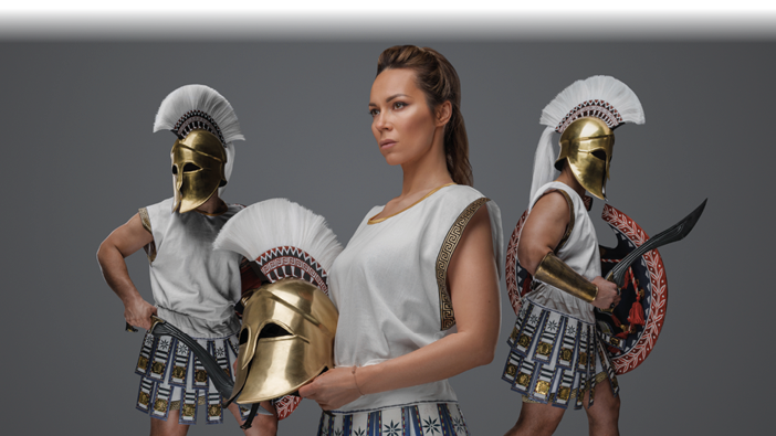 Antique greek warrior woman and military men dressed in tunics and plumed helmets.